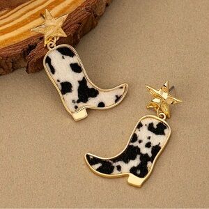 Cow Print Cowgirl Boot drop dangle Earrings with Gold Star